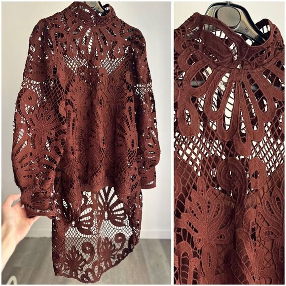 NWOT Boston Proper Mock Neck Lace High Low Blouse With Cami Cappuccino Medium - Picture 3 of 4